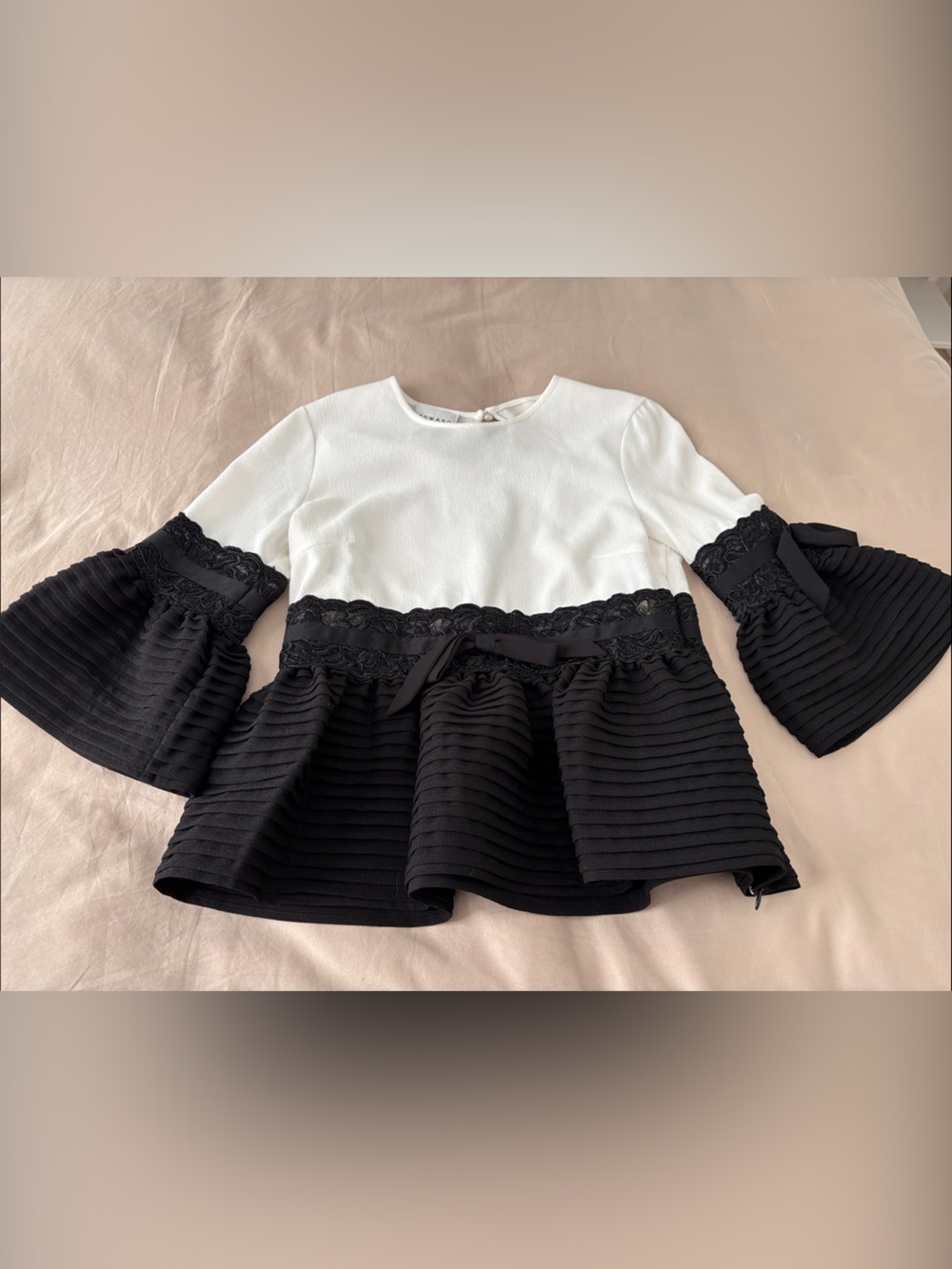 Edward Achour Two-Tone Bell Sleeve Peplum Blouse with Lace Trim